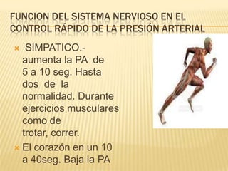 FUNCION DEL SISTEMA NERVIOSO EN EL
CONTROL RÁPIDO DE LA PRESIÓN ARTERIAL
 SIMPATICO.-
aumenta la PA de
5 a 10 seg. Hasta
dos de la
normalidad. Durante
ejercicios musculares
como de
trotar, correr.
 El corazón en un 10
a 40seg. Baja la PA
 