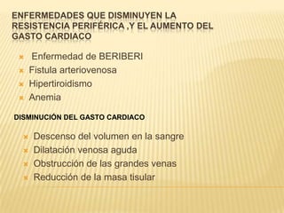 ENFERMEDADES QUE DISMINUYEN LA
RESISTENCIA PERIFÉRICA ,Y EL AUMENTO DEL
GASTO CARDIACO
 Enfermedad de BERIBERI
 Fistula arteriovenosa
 Hipertiroidismo
 Anemia
DISMINUCIÓN DEL GASTO CARDIACO
 Descenso del volumen en la sangre
 Dilatación venosa aguda
 Obstrucción de las grandes venas
 Reducción de la masa tisular
 