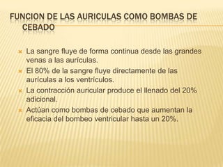 FUNCION DE LAS AURICULAS COMO BOMBAS DE
CEBADO
 La sangre fluye de forma continua desde las grandes
venas a las aurículas.
 El 80% de la sangre fluye directamente de las
aurículas a los ventrículos.
 La contracción auricular produce el llenado del 20%
adicional.
 Actúan como bombas de cebado que aumentan la
eficacia del bombeo ventricular hasta un 20%.
 
