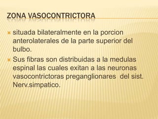 ZONA VASOCONTRICTORA
 situada bilateralmente en la porcion
anterolaterales de la parte superior del
bulbo.
 Sus fibras son distribuidas a la medulas
espinal las cuales exitan a las neuronas
vasocontrictoras preganglionares del sist.
Nerv.simpatico.
 