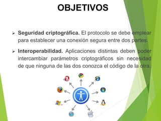  Seguridad criptográfica. El protocolo se debe emplear
para establecer una conexión segura entre dos partes.
 Interoperabilidad. Aplicaciones distintas deben poder
intercambiar parámetros criptográficos sin necesidad
de que ninguna de las dos conozca el código de la otra.
OBJETIVOS
 