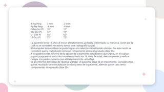 A-Na Perp 3 mm -2 mm
Pg-Na Perp -4 mm -4 mm
Palat-Occ PI 10° 11°
Mp-Occ PI 12° 11°
U1-Occ PI 55° 62°
L1-Occ PI 72° 75°
La paciente tenía 13 años al iniciar el tratamiento, ya había presentado su menarca, razón por la
cual no se consideró necesario tomar una radiografía carpal.
Al manipular la mandíbula se pudo lograr una relación incisal borde a borde. Por esta razón se
consideró que la maloclusión tenía un componente postural «pseudo-clase III».
A los padres se les informó de la opción de tratamiento ortodóntico-quirúrgico, en el cual se
sugirió posponer el inicio de tratamiento hasta los 16 años de edad, descompensar y realizar
cirugía. Los padres optaron por el tratamiento de camuflaje.
Se les informó del riesgo de recidiva al tratar un paciente clase III en crecimiento. Consideramos
que el resultado sería estable por la edad y sexo de la paciente, además que el caso tenía
componentes de «pseudo-clase III».
 
