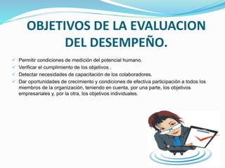 OBJETIVOS DE LA EVALUACION 
DEL DESEMPEÑO. 
 Permitir condiciones de medición del potencial humano. 
 Verificar el cumplimiento de los objetivos . 
 Detectar necesidades de capacitación de los colaboradores. 
 Dar oportunidades de crecimiento y condiciones de efectiva participación a todos los 
miembros de la organización, teniendo en cuenta, por una parte, los objetivos 
empresariales y, por la otra, los objetivos individuales. 
 
