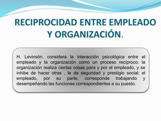 RECIPROCIDAD ENTRE EMPLEADO 
Y ORGANIZACIÓN. 
H. Levinsòn, considera la interacción psicológica entre el 
empleado y la organización como un proceso recíproco: la 
organización realiza ciertas cosas para y por el empleado, y se 
inhibe de hacer otras , le da seguridad y prestigio social; el 
empleado, por su parte, corresponde trabajando y 
desempeñando las funciones correspondientes a su puesto. 
 