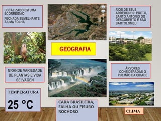 LOCALIZADO EM UMA
ECORREGIÃO
FECHADA SEMELHANTE
A UMA FOLHA
*
RIOS DE SEUS
ARREDORES: PRETO,
SANTO ANTONIO DO
DESCOBERTO E SÃO
BARTOLOMEU
*
ÁRVORES
CONSIDERADAS O
PULMÃO DA CIDADE
GRANDE VARIEDADE
DE PLANTAS E VIDA
SELVAGEN
CARA BRASILEIRA,
FALHA OU FISURO
ROCHOSO
TEMPERATURA
25 °C
 
