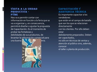 Visita a la unidad productiva - Pyme Nos va a permitir contar con información en función a la feria que se va a organizar y, en consecuencia, permitirá diseñar o ajustar la propuesta de Capacitación. Es el momento de probar las fortalezas y debilidades de sus productos, de levantar la información comercial para una buena presentación en la feria. Capacitación y asistencia técnica Es importante capacitar a los vendedores que están en el campo de batalla que son los que se relacionan directamente con los clientes. Por ello deben estar debidamente preparados. Deben ser capacitados, no sólo en técnicas de ventas y atención al público sino, además, conocer el taller o planta de producción. 