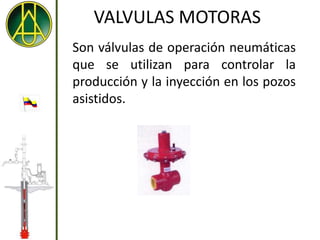 VALVULAS MOTORAS
Son válvulas de operación neumáticas
que se utilizan para controlar la
producción y la inyección en los pozos
asistidos.
 