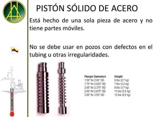 PISTÓN SÓLIDO DE ACERO
Está hecho de una sola pieza de acero y no
tiene partes móviles.

No se debe usar en pozos con defectos en el
tubing u otras irregularidades.
 
