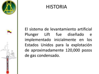 HISTORIA



El sistema de levantamiento artificial
Plunger Lift fue diseñado e
implementado inicialmente en los
Estados Unidos para la explotación
de aproximadamente 120,000 pozos
de gas condensado.
 