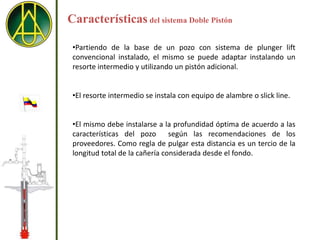 Características del sistema Doble Pistón

 •Partiendo de la base de un pozo con sistema de plunger lift
 convencional instalado, el mismo se puede adaptar instalando un
 resorte intermedio y utilizando un pistón adicional.


 •El resorte intermedio se instala con equipo de alambre o slick line.


 •El mismo debe instalarse a la profundidad óptima de acuerdo a las
 características del pozo       según las recomendaciones de los
 proveedores. Como regla de pulgar esta distancia es un tercio de la
 longitud total de la cañería considerada desde el fondo.
 