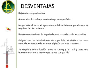 DESVENTAJAS
Bajas ratas de producción.

Anular vivo, lo cual representa riesgo en superficie.

No permite alcanzar el agotamiento del yacimiento, para lo cual se
requiere de otro sistema.

Requiere supervisión de ingeniería para una adecuada instalación.

Peligro para las instalaciones en superficie, asociado a las altas
velocidades que puede alcanzar el pistón durante la carrera.

Se requiere comunicación entre el casing y el tubing para una
buena operación, a menos que se use con gas lift.
 