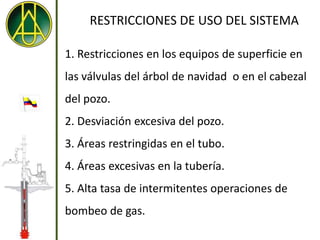 RESTRICCIONES DE USO DEL SISTEMA

1. Restricciones en los equipos de superficie en
las válvulas del árbol de navidad o en el cabezal
del pozo.
2. Desviación excesiva del pozo.
3. Áreas restringidas en el tubo.
4. Áreas excesivas en la tubería.
5. Alta tasa de intermitentes operaciones de
bombeo de gas.
 