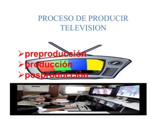 PROCESO DE PRODUCIR
TELEVISION
preproducción
producción
posproducción
 
