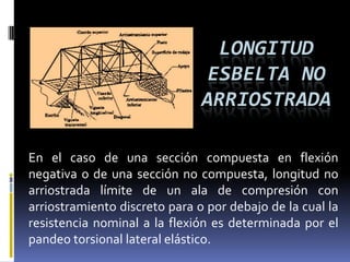 LONGITUD
                               ESBELTA NO
                               ARRIOSTRADA

En el caso de una sección compuesta en flexión
negativa o de una sección no compuesta, longitud no
arriostrada límite de un ala de compresión con
arriostramiento discreto para o por debajo de la cual la
resistencia nominal a la flexión es determinada por el
pandeo torsional lateral elástico.
 