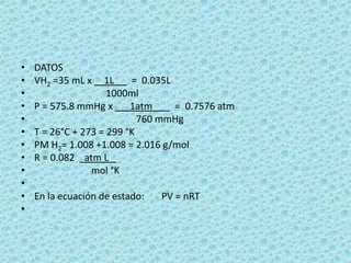 DATOSVH2 =35 mL x     1L   _  =  0.035L1000mlP = 575.8 mmHg x       1atm     _  =  0.7576 atm			    760 mmHgT = 26°C + 273 = 299 °KPM H2= 1.008 +1.008 = 2.016 g/molR = 0.082    atm L _		mol °K En la ecuación de estado:	PV = nRT 