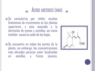 Ácido abcísico (aba) Se caracteriza por inhibir muchos fenómenos de crecimiento en las plantas superiores, y esta asociado a la dormición de yemas y semillas, así como también  causa la caída de las hojas.Se encuentra en todas las partes de la planta, sin embargo, las concentraciones más elevadas parecen estar localizadas en semillas y frutos jóvenes.