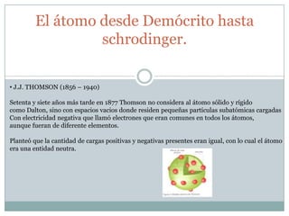 El átomo desde Demócrito hasta schrodinger. J.J. THOMSON (1856 – 1940)Setenta y siete años más tarde en 1877 Thomson no considera al átomo sólido y rígidocomo Dalton, sino con espacios vacios donde residen pequeñas partículas subatómicas cargadasCon electricidad negativa que llamó electrones que eran comunes en todos los átomos, aunque fueran de diferente elementos.Planteó que la cantidad de cargas positivas y negativas presentes eran igual, con lo cual el átomoera una entidad neutra.