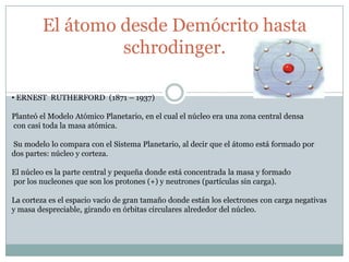 El átomo desde Demócrito hasta schrodinger. ERNEST  RUTHERFORD  (1871 – 1937)Planteó el Modelo Atómico Planetario, en el cual el núcleo era una zona central densacon casi toda la masa atómica. Su modelo lo compara con el Sistema Planetario, al decir que el átomo está formado pordos partes: núcleo y corteza.El núcleo es la parte central y pequeña donde está concentrada la masa y formadopor los nucleones que son los protones (+) y neutrones (partículas sin carga).La corteza es el espacio vacío de gran tamaño donde están los electrones con carga negativas y masa despreciable, girando en órbitas circulares alrededor del núcleo.