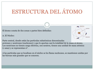 ESTRUCTURA DEL ÁTOMOEl átomo consta de dos zonas o partes bien definidas:A. El Núcleo:Parte central, donde están las partículas subatómicas denominadas protones y neutrones (nucleones) y que le aportan casi la totalidad de la masa al átomo.Los neutrones no tienen carga eléctrica, son neutros, tienen una unidad de masa atómica           (1 uma) y se representan n°.A las partículas que se localizan en el núcleo se les llama nucleones, se mantienen unidas por las fuerzas más grandes que se conocen.