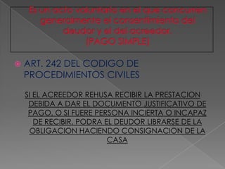 	PROCEDIMIENTO224-234 “CONSIGNACION DE PAGO”“OFRECIMIENTO DE PAGO Y LA CONSIGNACION” (CC 2097-2103)CONSISTE EN EL OFRECIMIENTO DE CUMPLIR LA OBLIGACION, QUE EL DEUDOR HACE DE MANERA FEHACIENTE A SU ACREEDOR Y EL DEPOSITO DE LA PRESTACION DEBIDA A DISPOSICION DE ESTE.(JUEZ)
