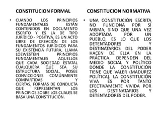 CONSTITUCION FORMALCONSTITUCION NORMATIVACUANDO LOS PRINCIPIOS FUNDAMENTALES ESTÁN CONTENIDOS EN DOCUMENTO ESCRITO Y ES LA DE TIPO JURÍDICO - POSITIVA. ES UN ACTO LIBRE DE CREACIÓN DE LOS FUNDAMENTOS JURÍDICOS PARA SU EXISTENCIA FUTURA, LLAMA LOEWESTEIN PRINCIPIOS FUNDAMENTALES AQUELLOS QUE CADA SOCIEDAD ESTATAL CUALQUIERA QUE SEA SU ESTRUCTURA SOCIAL, POSEE CONVICCIONES COMÚNMENTE COMPARTIDAS Y CIERTAS, FORMAS DE CONDUCTA QUE REPRESENTAN LOS PRINCIPIOS SOBRE LOS CUALES SE BASA UNA CONSTITUCIÓN. UNA CONSTITUCIÓN ESCRITA NO FUNCIONA POR SÍ MISMA, SINO QUE UNA VEZ ADOPTADA POR UN PUEBLO, ES LO QUE LOS DETENTADORES Y DESTINATARIOS DEL PODER HACEN DE ELLA EN LA PRÁCTICA. DEPENDEN DEL MEDIO SOCIAL Y POLÍTICO DONDE LA CONSTITUCIÓN TIENE QUE VALER (MADUREZ POLÍTICA). LA CONSTITUCIÓN VIVA ES POR TANTO EFECTIVAMENTE VIVIDA POR LOS DESTINATARIOS Y DETENTADORES DEL PODER. 