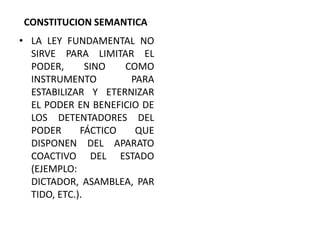CONSTITUCION SEMANTICALA LEY FUNDAMENTAL NO SIRVE PARA LIMITAR EL PODER, SINO COMO INSTRUMENTO PARA ESTABILIZAR Y ETERNIZAR EL PODER EN BENEFICIO DE LOS DETENTADORES DEL PODER FÁCTICO QUE DISPONEN DEL APARATO COACTIVO DEL ESTADO (EJEMPLO: DICTADOR, ASAMBLEA, PARTIDO, ETC.).