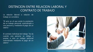 DISTINCION ENTRE RELACION LABORAL Y
CONTRATO DE TRABAJO
La relación laboral o relación de
trabajo se considera:
“El acto en el que existe la prestación
de un trabajo personal, subordinado a
una persona y mediante el pago de un
salario.”
El contrato individual de trabajo “Se da
cuando una persona se obliga a
prestar a otra un trabajo personal
subordinado mediante el pago de un
salario”.
 