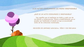 2.18 ACTOS CONSUMADOS EN MODO IRREPARABLE
¿QUÉ ES UN ACTO CONSUMADO E IRREPARABLE?
Son aquéllos que al realizarse en todos y cada uno de
sus efectos y consecuencias, físicas y materialmente ya no
pueden ser restituidos al estado en que se encontraba
antes de las violaciones reclamadas.
REVICIÓN DE AMPARO 103/2016, TÉSIS 9 DE FEB 2018
 