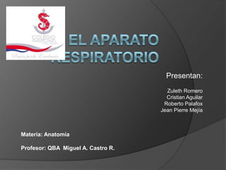 Presentan:
                                      Zuleth Romero
                                      Cristian Aguilar
                                     Roberto Palafox
                                    Jean Pierre Mejía



Materia: Anatomía

Profesor: QBA Miguel A. Castro R.
 