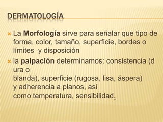 DERMATOLOGÍA

 La Morfología sirve para señalar que tipo de
  forma, color, tamaño, superficie, bordes o
  límites y disposición
 la palpación determinamos: consistencia (d
  ura o
  blanda), superficie (rugosa, lisa, áspera)
  y adherencia a planos, así
  como temperatura, sensibilidad.
 