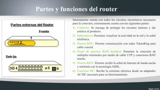Partes y funciones del router
Internamente cuenta con todos los circuitos electrónicos necesarios
para la conexión, externamente cuenta con las siguientes partes:
1) Cubierta: Se encarga de proteger los circuitos internos y dar
estética al producto.
2) Indicadores: Permiten visualizar la actividad en la red y la señal
telefónica.
3) Puerto BNC: Permite comunicación con redes TokenRing para
cable coaxial.
4) Panel de puertos RJ45 hembra: Permiten la conexión de
múltiples terminales por medio de cable UTP y conectores RJ45
macho.
5) Puerto RJ11: Permite recibir la señal de Internet de banda ancha
y telefonía con la tecnología ASDL.
6) Conector DC: Recibe la corriente eléctrica desde un adaptador
AC/DC necesaria para su funcionamiento.
 