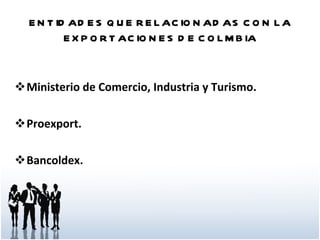 ENTIDADES QUE RELACIONADAS CON LA EXPORTACIONES DE COLMBIA Ministerio de Comercio, Industria y Turismo. Proexport. Bancoldex. 