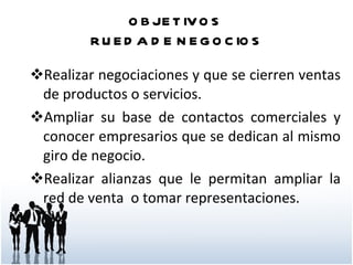 OBJETIVOS  RUEDA DE NEGOCIOS Realizar negociaciones y que se cierren ventas de productos o servicios. Ampliar su base de contactos comerciales y conocer empresarios que se dedican al mismo giro de negocio. Realizar alianzas que le permitan ampliar la red de venta  o tomar representaciones.   