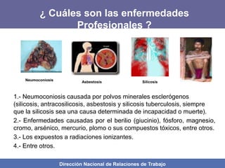 Dirección Nacional de Relaciones de Trabajo
¿ Cuáles son las enfermedades
Profesionales ?
1.- Neumoconiosis causada por polvos minerales esclerógenos
(silicosis, antracosilicosis, asbestosis y silicosis tuberculosis, siempre
que la silicosis sea una causa determinada de incapacidad o muerte).
2.- Enfermedades causadas por el berilio (giucinio), fósforo, magnesio,
cromo, arsénico, mercurio, plomo o sus compuestos tóxicos, entre otros.
3.- Los expuestos a radiaciones ionizantes.
4.- Entre otros.
Neumoconiosis
Asbestosis Silicosis
 