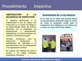 Dirección Nacional de Relaciones de Trabajo
Procedimiento Inspectivo
OBSTRUCCIÓN A LA
DILIGENCIA DE INSPECCIÓN
la negativa injustificada o el
impedimento a que se realice una
inspección en un centro de trabajo o
en determinadas áreas del mismo,
efectuado por el empleador, su
representante o dependientes,
trabajadores o no de la empresa, por
órdenes o directivas de aquél.
También constituyen acto de
obstrucción obstaculizar la
participación del trabajador o su
representante o de los trabajadores
o la organización sindical.
Se impone una sanción de entre 5
(cinco) y 10 (diez) Unidades
Impositivas Tributarias
SUSPENSIÓN DE LA DILIGENCIA
En el caso de no haber sido posible exhibir
la documentación pertinente según la Orden
de Visita, el empleador puede pedir la
suspensión de la diligencia y se continué en
un plazo no mayor de 03 días hábiles.
 