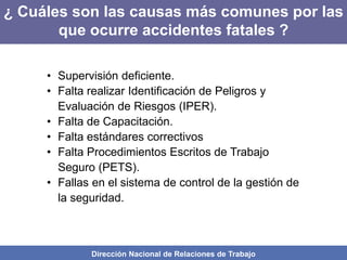 Dirección Nacional de Relaciones de Trabajo
¿ Cuáles son las causas más comunes por las
que ocurre accidentes fatales ?
• Supervisión deficiente.
• Falta realizar Identificación de Peligros y
Evaluación de Riesgos (IPER).
• Falta de Capacitación.
• Falta estándares correctivos
• Falta Procedimientos Escritos de Trabajo
Seguro (PETS).
• Fallas en el sistema de control de la gestión de
la seguridad.
 
