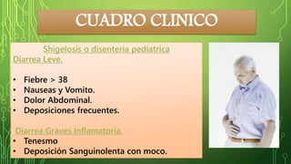 CUADRO CLINICO 
Shigelosis o disentería pediatrica 
Diarrea Leve. 
• Fiebre > 38 
• Nauseas y Vomito. 
• Dolor Abdominal. 
• Deposiciones frecuentes. 
Diarrea Graves Inflamatoria. 
• Tenesmo 
• Deposición Sanguinolenta con moco. 
 