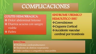 COMPLICACIONES 
SINDROME UREMICO 
HEMOLITICO SHU 
Convulsiones 
Ceguera Cortical 
Accidente vascular 
cerebral por trombosis 
COLITIS HEMORRAGICA: 
 Dolor abdominal Intenso 
 Diarrea acuosa con sangre 
visible 
 Fiebre 
Entre Otras: 
 Problemas cardiopulmonares 
 Síndrome de distress respiratorio 
 Fallo cardiaco y congestivo y miocarditis 
 