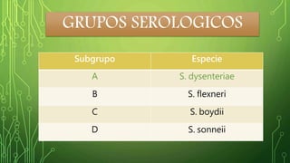 GRUPOS SEROLOGICOS 
Subgrupo Especie 
A S. dysenteriae 
B S. flexneri 
C S. boydii 
D S. sonneii 
 