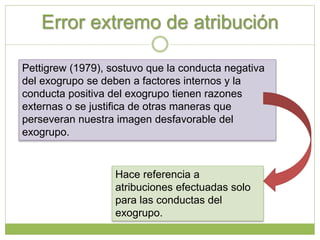 Error extremo de atribución
Pettigrew (1979), sostuvo que la conducta negativa
del exogrupo se deben a factores internos y la
conducta positiva del exogrupo tienen razones
externas o se justifica de otras maneras que
perseveran nuestra imagen desfavorable del
exogrupo.
Hace referencia a
atribuciones efectuadas solo
para las conductas del
exogrupo.
 