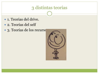 3 distintas teorías
 1. Teorias del drive.
 2. Teorias del self
 3. Teorias de los recursos.
 