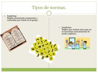 Tipos de normas.
 Explícitas
Reglas claramente propuestas y
conocidas por todos en el grupo.
 Implícitas
Reglas que existen pero que no
es necesario mencionarlas de
modo explícito.
 