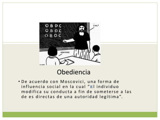 Obediencia
• De acuerdo con Moscovici, una forma de
influencia social en la cual “E l individuo
modifica su conducta a fin de someterse a las
de es directas de una autoridad legítima”.
 