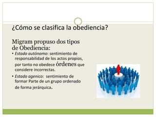 ¿Cómo se clasifica la obediencia?
Migram propuso dos tipos
de Obediencia:
• Estado autónomo: sentimiento de
responsabilidad de los actos propios,
por tanto no obedece órdenes que
considere incorrectas.
• Estado agenico: sentimiento de
formar Parte de un grupo ordenado
de forma jerárquica.
 