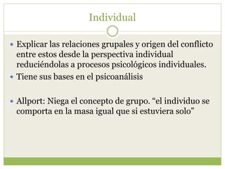 Individual
 Explicar las relaciones grupales y origen del conflicto
entre estos desde la perspectiva individual
reduciéndolas a procesos psicológicos individuales.
 Tiene sus bases en el psicoanálisis
 Allport: Niega el concepto de grupo. “el individuo se
comporta en la masa igual que si estuviera solo”
 