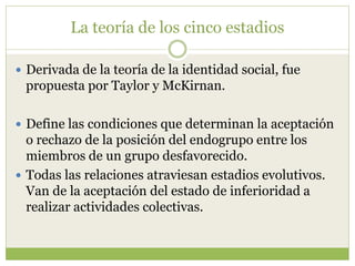 La teoría de los cinco estadios
 Derivada de la teoría de la identidad social, fue
propuesta por Taylor y McKirnan.
 Define las condiciones que determinan la aceptación
o rechazo de la posición del endogrupo entre los
miembros de un grupo desfavorecido.
 Todas las relaciones atraviesan estadios evolutivos.
Van de la aceptación del estado de inferioridad a
realizar actividades colectivas.
 