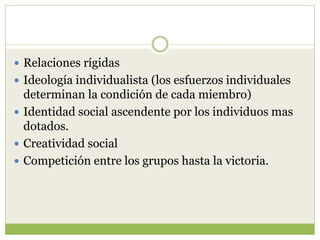  Relaciones rígidas
 Ideología individualista (los esfuerzos individuales
determinan la condición de cada miembro)
 Identidad social ascendente por los individuos mas
dotados.
 Creatividad social
 Competición entre los grupos hasta la victoria.
 