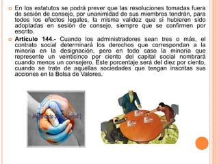 En los estatutos se podrá prever que las resoluciones tomadas fuera 
de sesión de consejo, por unanimidad de sus miembros tendrán, para 
todos los efectos legales, la misma validez que si hubieren sido 
adoptadas en sesión de consejo, siempre que se confirmen por 
escrito. 
 Artículo 144.- Cuando los administradores sean tres o más, el 
contrato social determinará los derechos que correspondan a la 
minoría en la designación, pero en todo caso la minoría que 
represente un veinticinco por ciento del capital social nombrará 
cuando menos un consejero. Este porcentaje será del diez por ciento, 
cuando se trate de aquellas sociedades que tengan inscritas sus 
acciones en la Bolsa de Valores. 
 