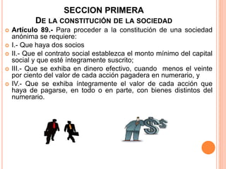 SECCION PRIMERA 
DE LA CONSTITUCIÓN DE LA SOCIEDAD 
 Artículo 89.- Para proceder a la constitución de una sociedad 
anónima se requiere: 
 I.- Que haya dos socios 
 II.- Que el contrato social establezca el monto mínimo del capital 
social y que esté íntegramente suscrito; 
 III.- Que se exhiba en dinero efectivo, cuando menos el veinte 
por ciento del valor de cada acción pagadera en numerario, y 
 IV.- Que se exhiba íntegramente el valor de cada acción que 
haya de pagarse, en todo o en parte, con bienes distintos del 
numerario. 
 