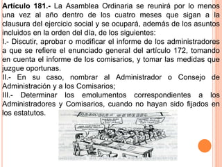 Artículo 181.- La Asamblea Ordinaria se reunirá por lo menos 
una vez al año dentro de los cuatro meses que sigan a la 
clausura del ejercicio social y se ocupará, además de los asuntos 
incluidos en la orden del día, de los siguientes: 
I.- Discutir, aprobar o modificar el informe de los administradores 
a que se refiere el enunciado general del artículo 172, tomando 
en cuenta el informe de los comisarios, y tomar las medidas que 
juzgue oportunas. 
II.- En su caso, nombrar al Administrador o Consejo de 
Administración y a los Comisarios; 
III.- Determinar los emolumentos correspondientes a los 
Administradores y Comisarios, cuando no hayan sido fijados en 
los estatutos. 
 